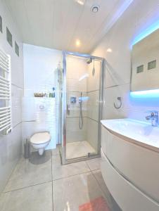 a bathroom with a shower and a toilet and a sink at The Villa Capitou in Fréjus