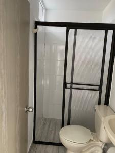 a bathroom with a shower with a toilet and a sink at Apartamento Súper acogedor Envigado Terraza 401 in Envigado