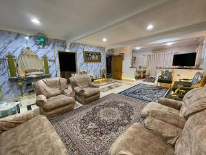 uma sala de estar com um sofá e cadeiras e uma televisão em Nile and island no Cairo