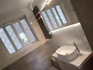 ein Bad mit einem Waschbecken und einigen Fenstern in der Unterkunft Down town house with uni sence! in Athen