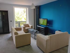 uma sala de estar com sofás e uma televisão de ecrã plano em Down town house with uni sence! em Atenas