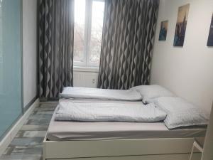 a bedroom with two beds in front of a window at Apartmán Bratislava centrum in Bratislava