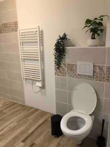 ein Badezimmer mit einem weißen WC und einer Pflanze in der Unterkunft Jolie maison à 5 min de l'océan in Grayan-et-lʼHôpital