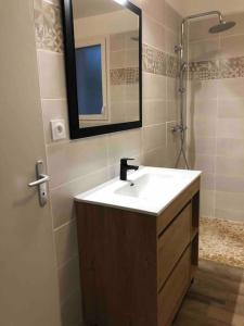ein Badezimmer mit Waschbecken, Spiegel und Dusche in der Unterkunft Jolie maison à 5 min de l'océan in Grayan-et-lʼHôpital