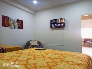 um quarto com uma cama e uma televisão na parede em Apto cerca a Paseo Colon em Puerto La Cruz
