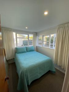 a bedroom with a bed and two windows at Birch Court - Tui in Whanganui