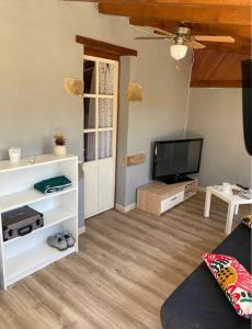 a living room with a couch and a television at Maisonnette à 5mn des plages. in Guéthary
