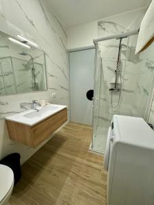 a bathroom with a sink and a shower and a toilet at L’armadio di Narnia in Alzano Lombardo
