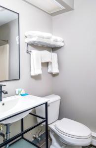 a bathroom with a toilet and a sink and a mirror at Casco Bay Inn in Freeport