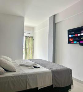 a bedroom with a bed with a tv on the wall at Hotel New Tokyo in Capitão Poço