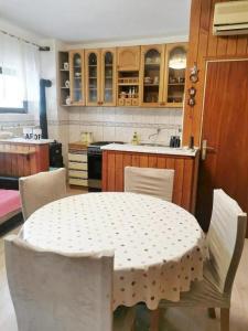 a kitchen with a table and chairs and a kitchen with a counter at Apartment Shady Terrace in Raslina
