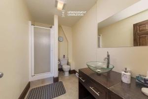 a bathroom with a glass bowl sink and a toilet at Au chalereux chalet Petite-rivière-saint-françois in Petite-Rivière-Saint-François +13 photos