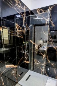 ティラナにあるVILA ALIZEE Hotelの黒大理石とガラスの壁の客室