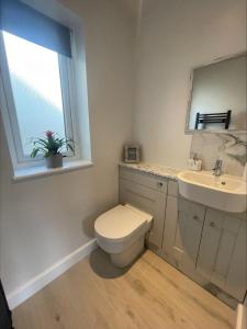 een badkamer met een toilet, een wastafel en een raam bij Bumblebee Barn, Luxury contemporary holiday home in Perranporth