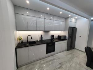 a kitchen with white cabinets and a black refrigerator at JURA PARADISE in Olsztyn