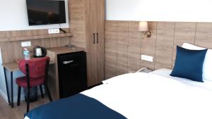 una camera con letto e scrivania con TV di The Blue Suites a Istanbul