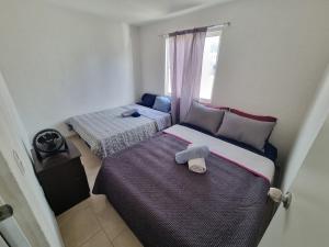 1 dormitorio con 2 camas y ventana en Depa muy ubicado Cortes 15B, en Querétaro