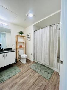 Open One-Bedroom in West Oakland في آوكلاند: حمام مع مرحاض وستارة دش