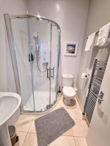 a bathroom with a shower and a toilet and a sink at Portrush by the Sea - 1 West Beach in Portrush