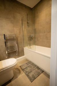 a bathroom with a toilet and a glass shower at GOLDEN HAVEN in Reading