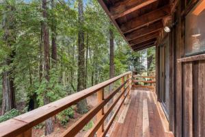 a wooden walkway to a cabin in the woods at Grandma's Cabin by the Sea in Gualala