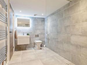 bagno con servizi igienici, lavandino e specchio di Hillsview - 4 berth renovated barn conversion a Combe Martin