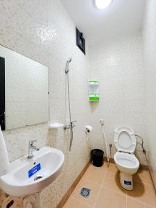 La salle de bains est pourvue d'un lavabo, de toilettes et d'un miroir. dans l'établissement Hotel Ahmed Ali, à Dakhla