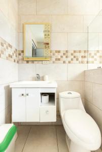 a bathroom with a toilet and a sink and a mirror at apartamento EL CORAL in Río San Juan
