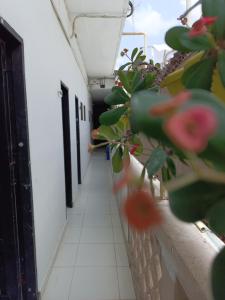 un corridoio di un edificio con fiori sul muro di Riviera Central Hotel a Montería
