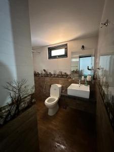 a bathroom with a toilet and a sink and a mirror at soha bungalow-escape the city in Kurunegala