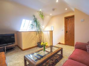 a living room with a couch and a tv at Y Beudy Crymych in Whitechurch