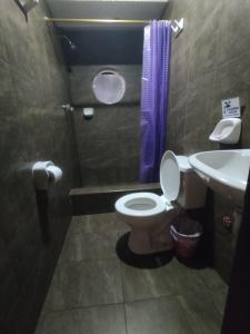La salle de bains est pourvue de toilettes et d'un lavabo. dans l'établissement HOSTAL WALDORF.EC, à Baños