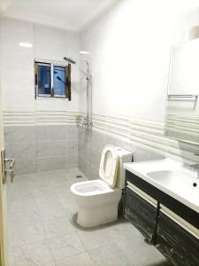 biała łazienka z toaletą i umywalką w obiekcie Appartement bord de mer w mieście Pointe-Noire