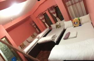 2 aparte bedden in een kamer met roze muren bij Shristi Hotel & Lodge in Bandipur