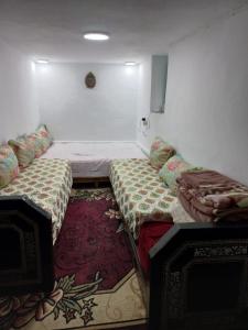 una camera con due letti in una stanza con un tappeto di Moulay Idriss a Moulay Idriss Zerhoun