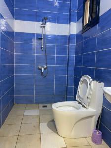a blue tiled bathroom with a toilet and a sink at Résidence El Hadji Annexe in Dakar +52 photos