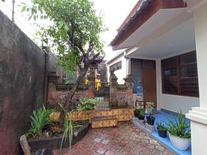 um pátio de uma casa com um banco e plantas em Wijaya Hostel em Denpasar