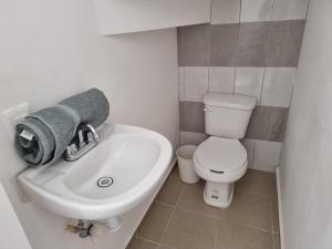 uma casa de banho com um WC branco e um lavatório. em Casa amplia Garde SD em Querétaro