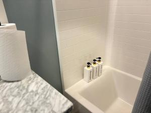 a white bath tub with three bottles of shampoo at Enjoy the Saddle House with your Furry Friends! in Greenville