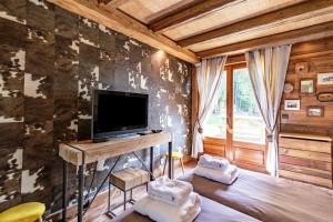 a living room with a tv on a wooden wall at SOMPTUEUX CHALET BARON MEGEVE VUE.Jaccuzi.4 mn a pied au centre in Megève