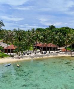 a beach with palm trees and a boat in the water at Eco Casa in Karimunjawa