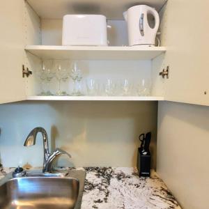 a kitchen counter with a sink and glasses on shelves at Private suite with AC Near Cultus Lake and Heritage Park in Chilliwack