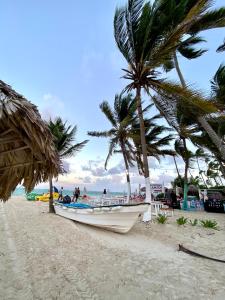 una barca seduta su una spiaggia con palme di cozy apartment near the beach los corales punta Cana. a Punta Cana