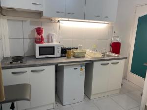 eine kleine Küche mit Mikrowelle und Spüle in der Unterkunft Runappart974 in Saint-Louis