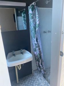 a bathroom with a sink and a shower curtain at Rod 'N' Reel Hotel Motel Woodburn in Woodburn