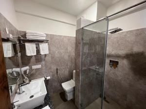 uma casa de banho com um chuveiro, um lavatório e um WC. em Paro Eco Lodge em Paro