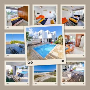 un collage de fotos de una casa y una piscina en Beach Villa With Private Pool And BBQ en Lárnaca