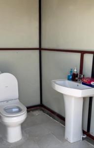 a bathroom with a toilet and a sink at Dolphin Campground in Barka