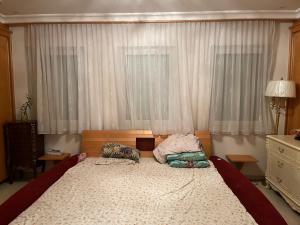 a bedroom with a large bed with white curtains at 列支敦士登城堡下的别墅 in Maria Enzersdorf