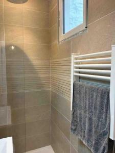 ein Bad mit einer Dusche, einem Handtuch und einem Fenster in der Unterkunft Appartement de charme tout équipé à Levallois, 4 personnes, 1 chambre, 1 canapé lit dans le salon in Levallois-Perret